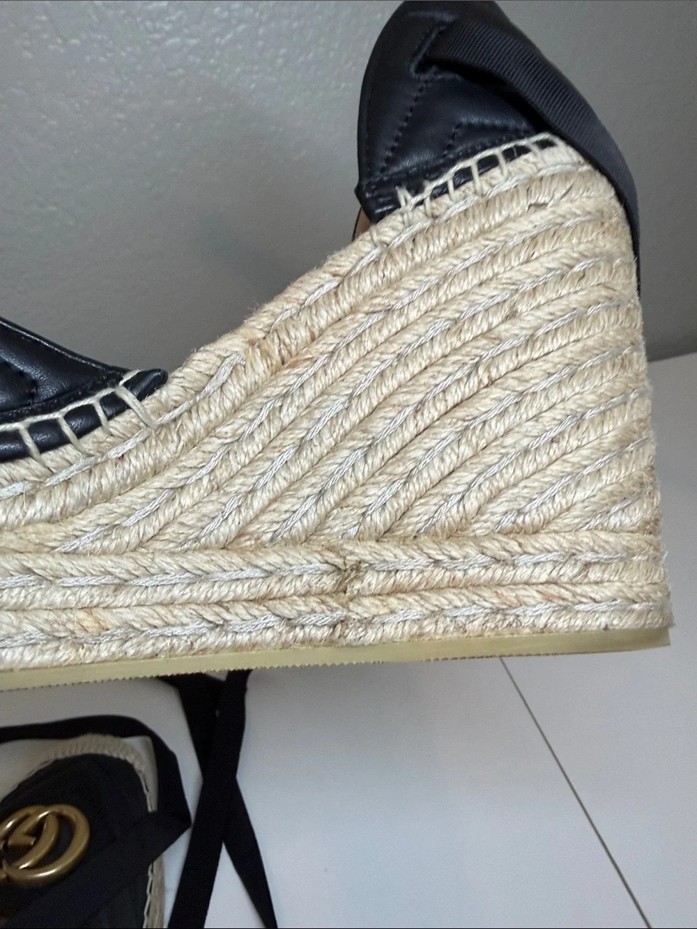 Gucci Black Leather GG Espadrille Wedges with Ribbon Ties